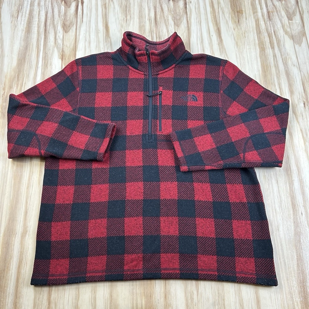 The North Face Mens 2XL Red Black Buffalo Plaid Quarter Zip Fleece Pullover